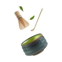 réaliste détaillé 3d bambou fouet, scoop et tasse chawan ensemble. vecteur
