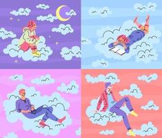 dessin animé Couleur personnages gens séance sur des nuages ensemble. vecteur