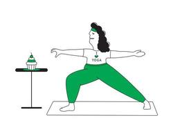 illustration avec humour, graisse femme Faire yoga et atteindre pour une petit gâteau vecteur