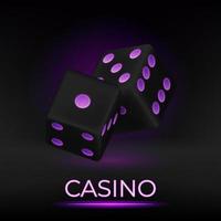 casino réaliste embrasé dé 3d vecteur illustration pour jeux d'argent Jeux conception, merde, dessus de la table, planche Jeux. noir cubes avec néon violet points.