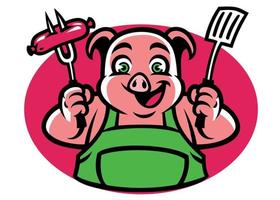 porc personnage en portant le un barbecue fourchette et saucisse vecteur