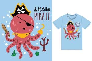 mignonne poulpe pirate illustration avec T-shirt conception prime vecteur