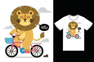 mignonne Lion équitation bicyclette illustration avec T-shirt conception prime vecteur