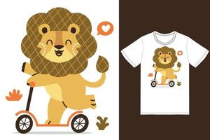 mignonne Lion équitation scooter illustration avec T-shirt conception prime vecteur