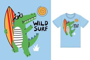 mignonne crocodile surfant illustration avec T-shirt conception prime vecteur