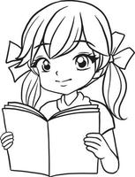 fille profil avatar étudiant en train de lire dessin animé griffonnage kawaii anime coloration page mignonne illustration dessin personnage chibi manga bande dessinée vecteur
