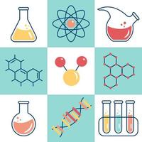 ensemble icône produits chimiques, chimie, laboratoire, bocaux, gobelets, flacons, éléments de le molécule. vecteur illustration