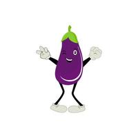 mignonne aubergine personnage vecteur illustration. plat aubergine dessin animé personnage agitant. minimal violet aubergine fruit conception pour les enfants livres. aubergine dessin animé personnage.