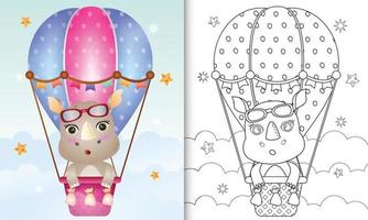 livre de coloriage pour les enfants avec un joli rhinocéros sur ballon à air chaud vecteur