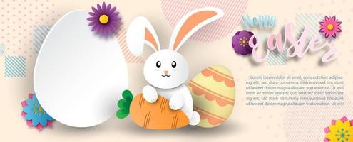 blanc et mignonne lapin en portant une carotte avec blanc bannière dans un Oeuf forme sur fleurs et abstrait modèle Contexte. Pâques journée salutation carte dans papier Couper style et vecteur conception.
