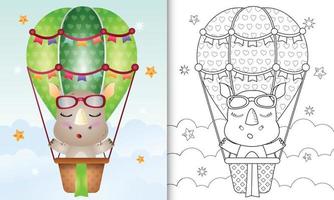 livre de coloriage pour les enfants avec un joli rhinocéros sur ballon à air chaud vecteur