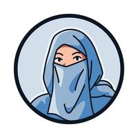 fermer portrait de une femelle personnage porter niqab. islamique voile, foulard. rond, cercle avatar icône pour social médias, utilisateur profil, site Internet, application. ligne dessin animé style. vecteur illustration.