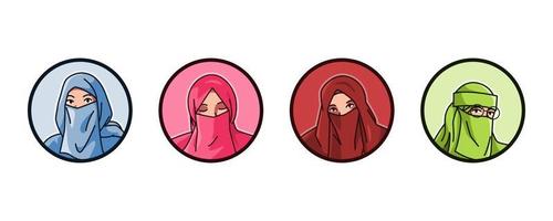 ensemble avatar de une femelle personnages porter niqab. islamique voile, foulard. rond, cercle icône pour social médias, utilisateur profil, site Internet, application. ligne dessin animé style. vecteur illustration.