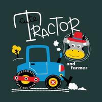 mignonne tracteur et vache marrant animal dessin animé vecteur