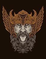 illustration viking tête gravure style sur noir Contexte vecteur