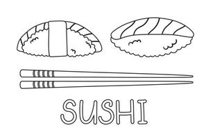 sushi de cuisine japonaise au saumon dans le style doodle plat. illustration vectorielle pour menu restaurant, livraison de nourriture vecteur