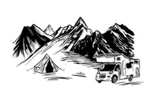 moteur maison, Montagne paysage, camping dans nature, main tiré style vecteur illustrations.