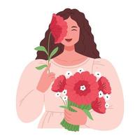 fille avec une bouquet de rouge fleurs. elle couvert sa visage avec une fleur. printemps illustration. main tiré plat illustration. vecteur