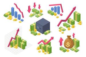 argent isométrique graphique. le revenu croissance, financier Succès concept avec argent, pièces de monnaie, ascendant La Flèche. économique crise, Stock marché tomber vecteur ensemble