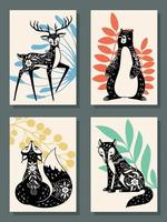 animaux affiches. scandinave style moderne forêt Renard, ours et loup, cerf. scandi, finlandais populaire floral nordique motifs vecteur ensemble