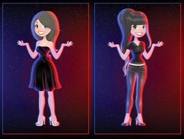 deux dessin animé les filles dans noir et rouge robe tenue club surligner nuit Danse vecteur