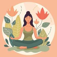 une femme médite dans une pastel Contexte avec fleurs et feuilles. conceptuel illustration pour yoga, méditation, relaxation, repos, en bonne santé mode de vie. vecteur dessin animé plat illustration