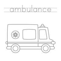 traçage des lettres avec voiture d'ambulance de dessin animé. pratique de l'écriture. vecteur