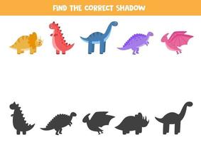 trouvez les ombres correctes des dinosaures. puzzle logique pour les enfants. vecteur