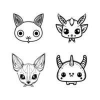 une collection de mignonne kawaii mythique créatures comme animal logos, avec des licornes, dragons, phénix, et plus dans main tiré ligne art style vecteur