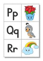 alphabet anglais avec des personnages de dessins animés p, q, r. cartes flash. ensemble de vecteurs. style de couleur vive. apprendre abc. lettres minuscules et majuscules. vecteur