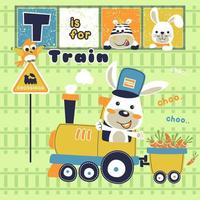 marrant lapin sur vapeur train avec amis, vecteur dessin animé illustration