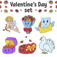 ensemble de personnages de dessins animés mignons. clipart de la Saint-Valentin. dessiné à la main. pack coloré. illustration vectorielle. collection de badges de patch. éléments de conception d'étiquettes. pour planificateur quotidien, agenda, organisateur. vecteur