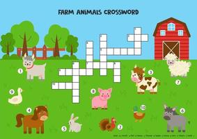 puzzle de mots croisés pour les enfants avec des animaux de ferme mignons. vecteur