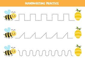 tracez les lignes avec une abeille mignonne et une ruche. pratique de l'écriture. vecteur