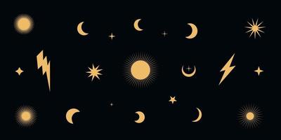illustration de boho hippie vecteur plat. éléments célestes rétro groovy dessinés à la main, soleil, étoiles, éclairs