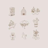 ensemble de floral jardin Icônes dans main fabriqué ligne style bottes, Grange, origami, jardin Chariot, parapluie, cactus, Sablier, oiseau, plâtre dessin sur beige Contexte vecteur