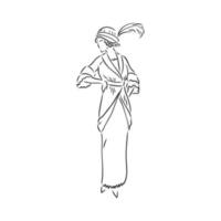 dame habillée antique. illustration vectorielle à l'ancienne. femme victorienne en robe historique. dessin stylisé vintage, style de gravure sur bois rétro. robe rétro, croquis de vecteur sur fond blanc
