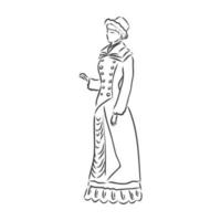 dame habillée antique. illustration vectorielle à l'ancienne. femme victorienne en robe historique. dessin stylisé vintage, style de gravure sur bois rétro. robe rétro, croquis de vecteur sur fond blanc