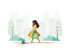 femme noire, faire du shopping dans la ville. mode de vie urbain. illustration vectorielle. vecteur