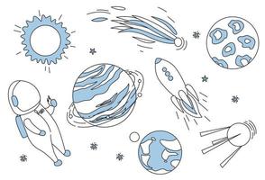 extérieur espace aventures. astronaute, en volant fusée, Satellite, comète, soleil, étoiles, Saturne, Terre et autre planètes. vecteur illustration dans mignonne dessin animé style