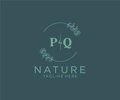 initiale pq des lettres botanique féminin logo modèle floral, modifiable premade monoline logo adapté, luxe féminin mariage l'image de marque, entreprise. vecteur