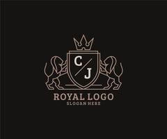 modèle initial de logo de luxe cj lettre lion royal en art vectoriel pour restaurant, royauté, boutique, café, hôtel, héraldique, bijoux, mode et autres illustrations vectorielles.