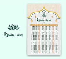 Ramadan temps calendrier 2023 avec prière fois dans Ramadan. Ramadan programme - jeûne, iftar, et prière calendrier. islamique Contexte conception avec mosquée et lampe. vecteur