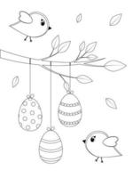 Pâques carte avec des oiseaux et arbre. coloration page pour les enfants. noir et blanc salutation carte. vecteur
