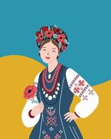 ukrainien magnifique femme dans traditionnel originaire de vêtements, le populaire costume avec coquelicot et couronne sur le Contexte de une bleu Jaune Contexte vecteur