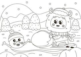 marrant coloration page avec mignonne yéti personnage fabrication bonhomme de neige, hiver à thème imprimable activité vecteur