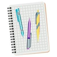 carnet de notes, bleu stylo, violet stylo et Jaune stylo sur une blanc Contexte vecteur