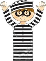 dessin animé masqué prisonnier dans classique rayé prison uniforme avec mains en haut vecteur
