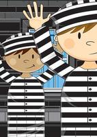 dessin animé les prisonniers dans classique rayé prison uniforme avec mains en haut vecteur