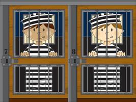 dessin animé les prisonniers portant classique rayé prison uniforme dans prison cellule vecteur